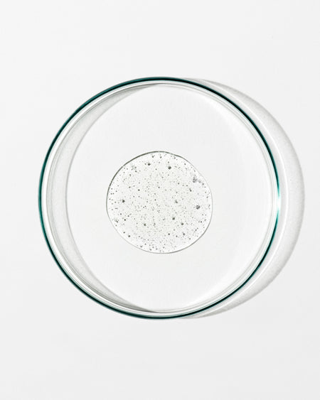 Clear glass pie dish with clear liquid on a white background