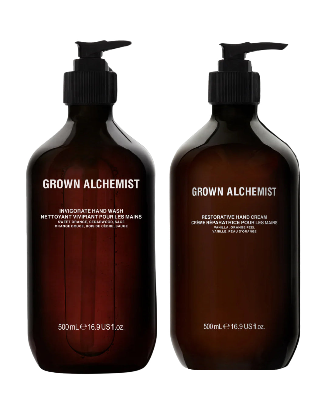 Two bottles of Grown Alchemist hand wash and cream on a white background
