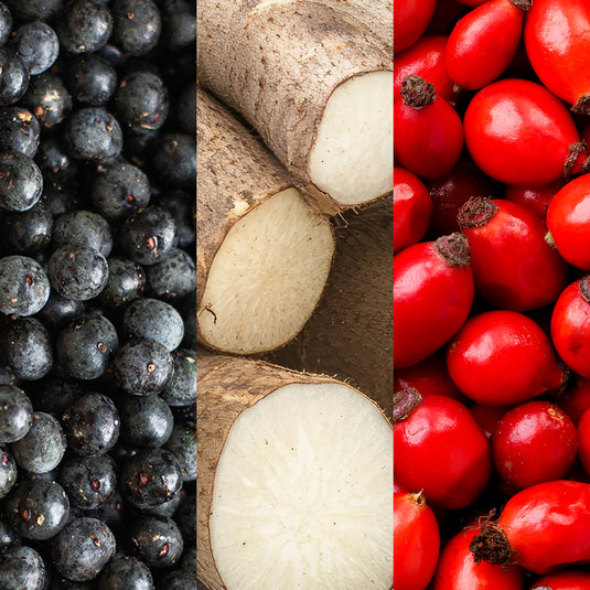 Collage of black currants, cassava roots, and red berries.