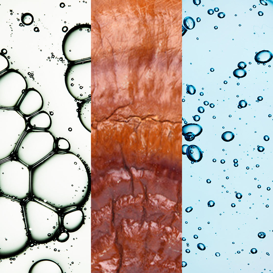Three different textures or images of bubbles and water on a white background