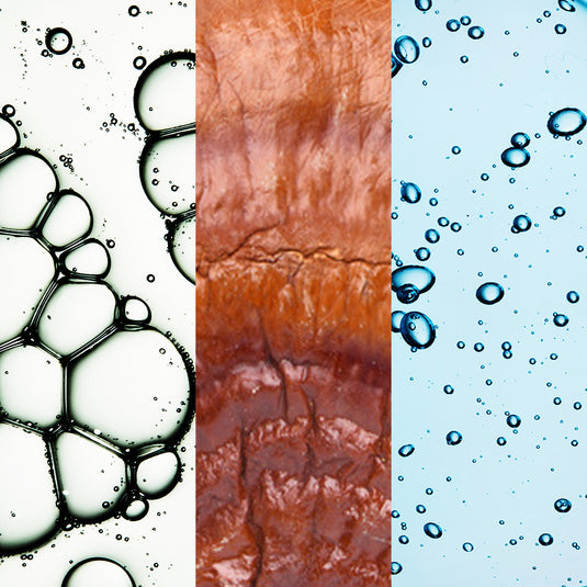 Three different textures or images of bubbles and water on a white background