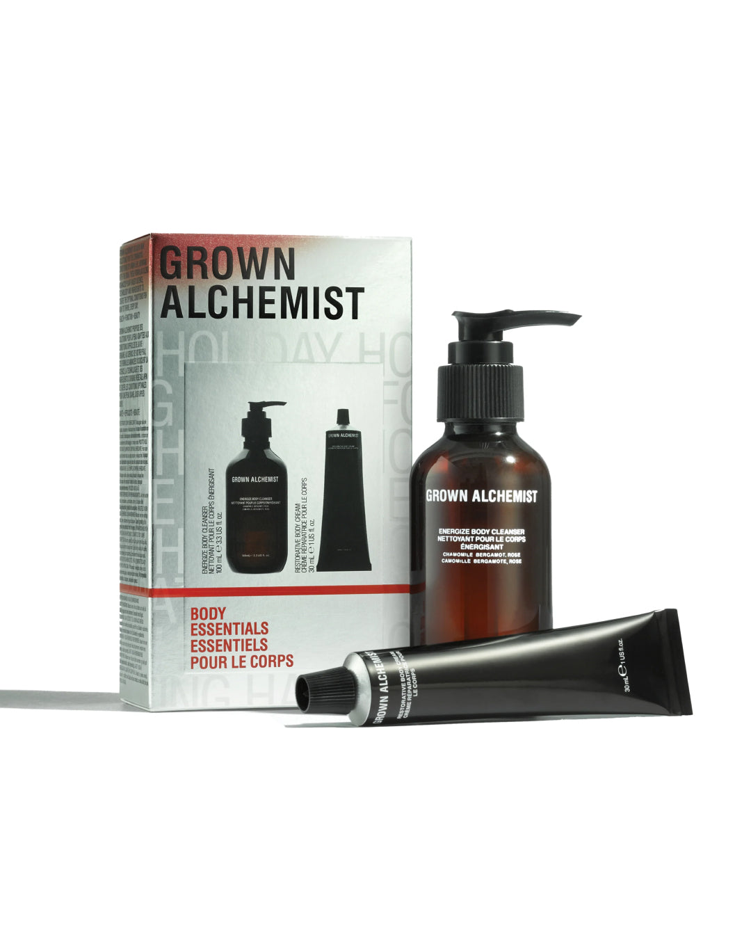 Grown Alchemist body care products including a bottle, tube, and packaging on a white background