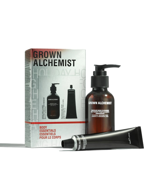 Grown Alchemist body care products including a bottle, tube, and packaging on a white background