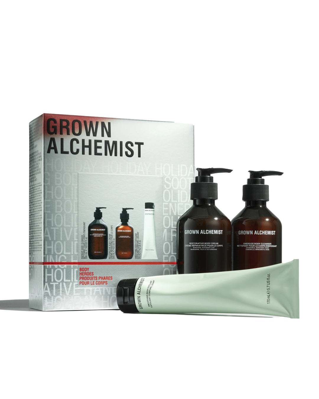 Grown Alchemist product set including bottles and a tube on a white background
