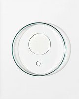 Clear dish with 2 circles of clear liquid against a white background
