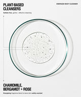 A clean, minimalist product graphic for Energize Body Cleanser. The image features a top-down view of a clear glass petri dish containing a clear, bubbly liquid, set against a solid white background with black text highlighting the plant-based cleansing formula.