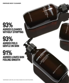 Three amber glass body cleanser bottles with pump dispensers arranged on a white background with large marketing text callouts about cleansing benefits. Visible bottle branding reads GROW ALCHEMIST.
