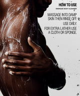 A close-up of a person's upper torso and hand while applying a foamy body cleanser, with text on the right reading 'HOW TO USE ENERGIZE BODY CLEANSER' and usage instructions.