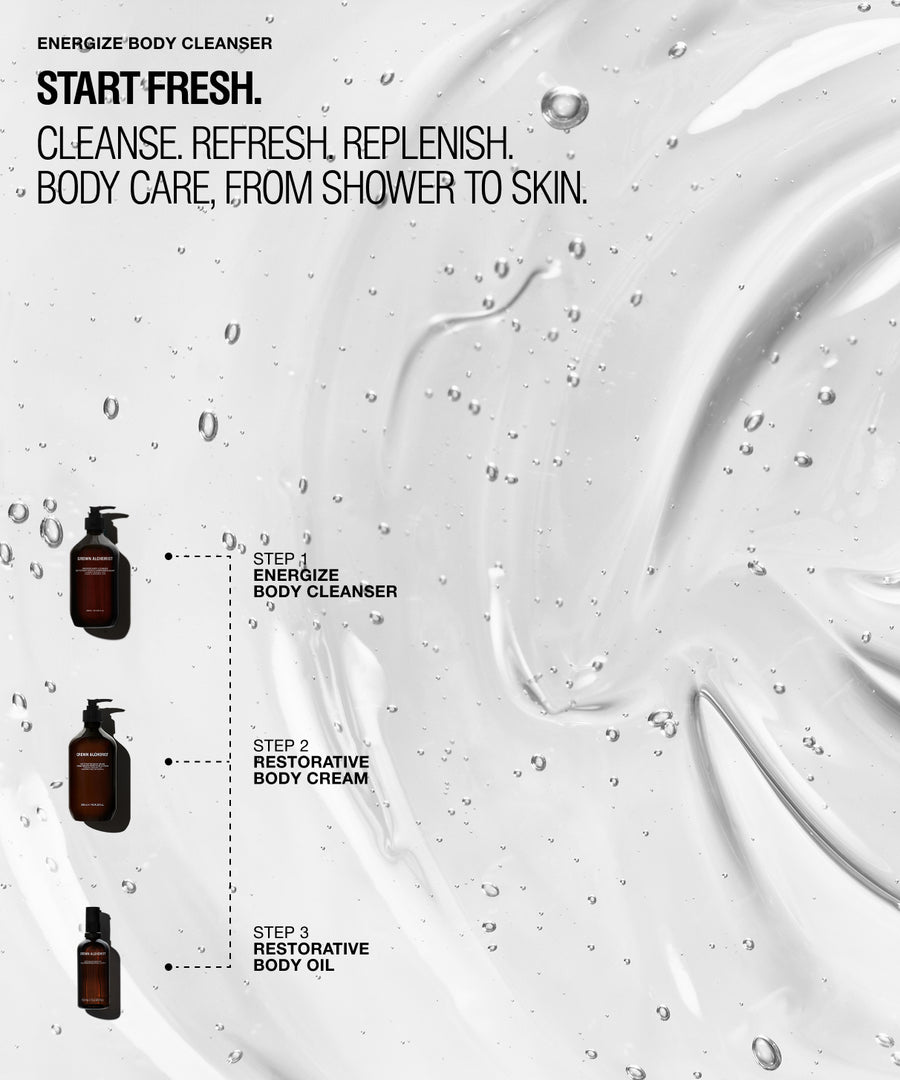 Promotional graphic for a body cleanser set with three amber spray bottles shown alongside text reading 'ENERGIZE BODY CLEANSER' and product steps, over a white background with glossy cream swirls and water droplets.