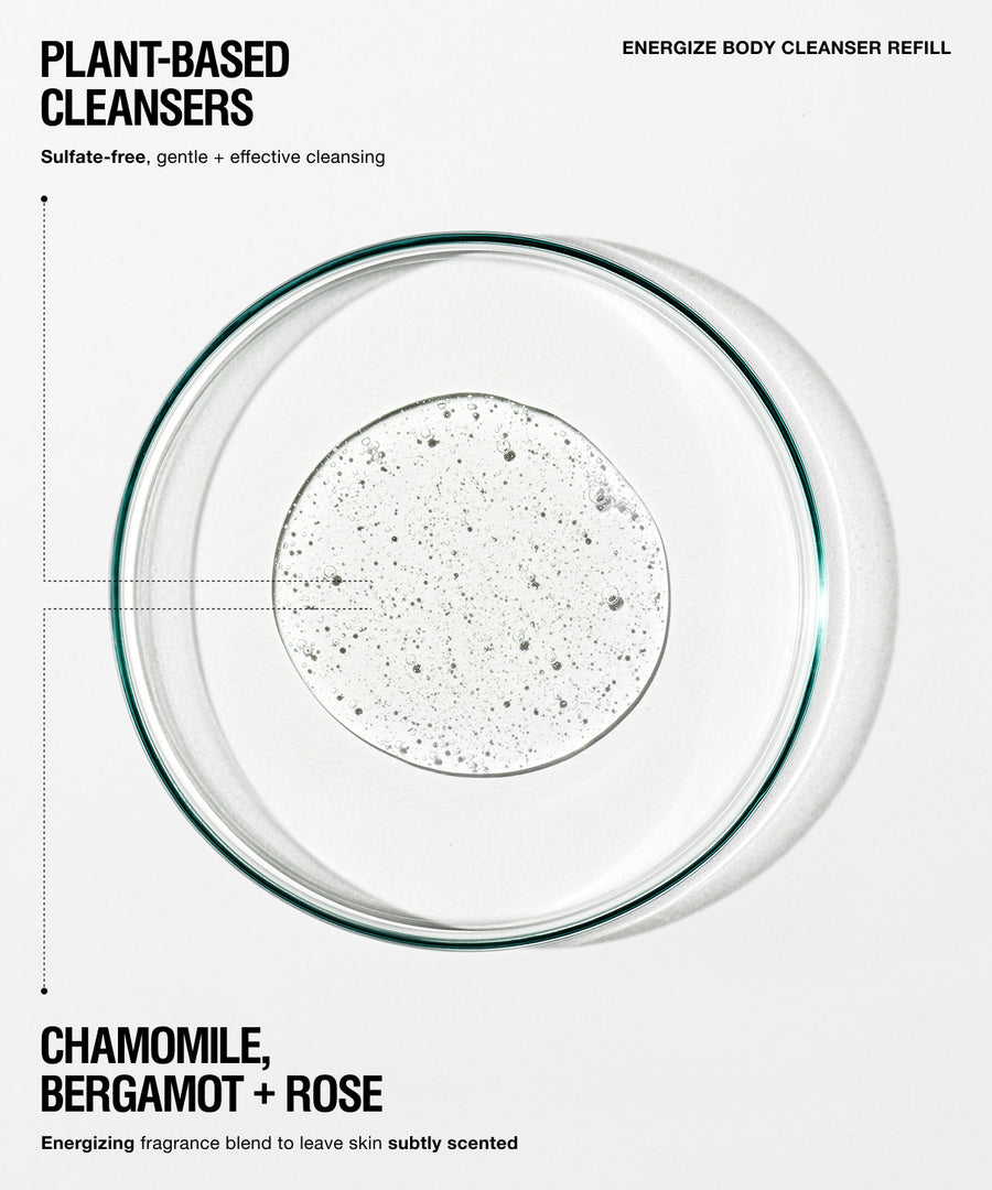 Clean studio-style product graphic for a plant-based cleanser refill. A clear circular petri-dish-like container viewed from above contains a transparent liquid with fine dark specks.