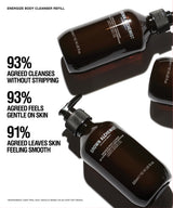 Three amber glass body cleanser bottles with pump dispensers arranged on a white background with large marketing text callouts about cleansing benefits. Visible bottle branding reads GROW ALCHEMIST.