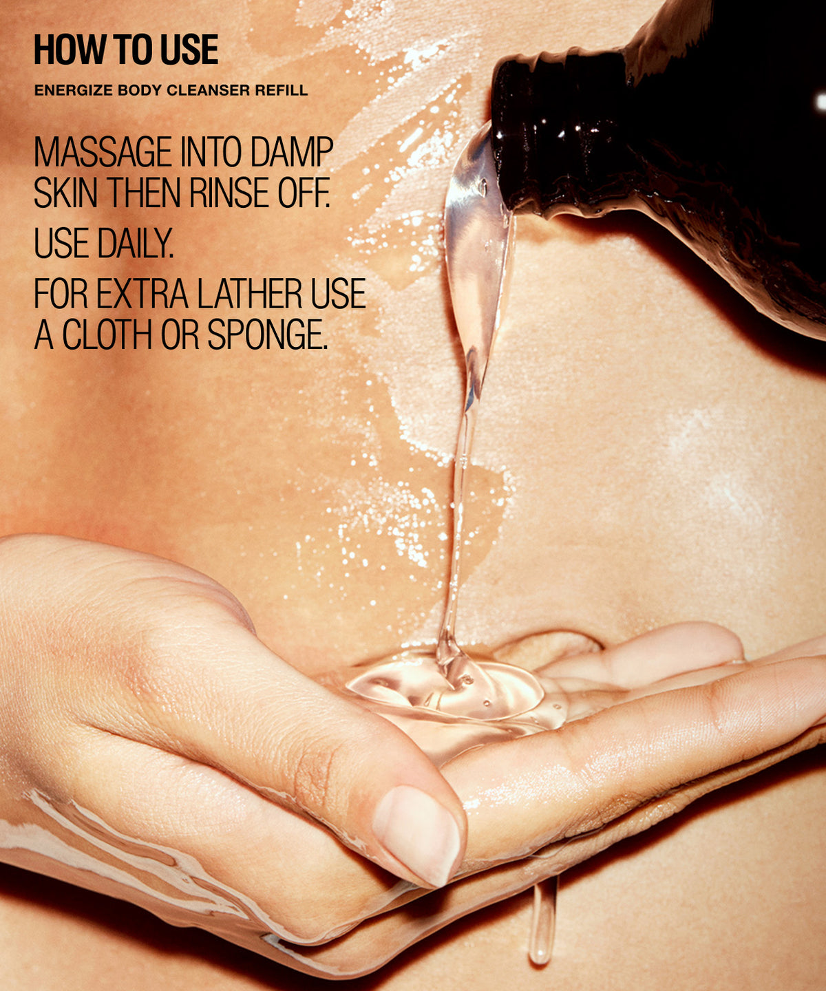 A close-up instructional graphic showing a hand receiving a clear liquid from a dark bottle, with overlaid text reading 'HOW TO USE' and instructions for cleansing. No product packaging is fully visible, and the focus is on usage rather than a clean product shot.