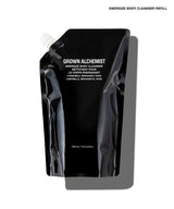 A black refill pouch of Grown Alchemist Energize Body Cleanser on a white background with a soft shadow.