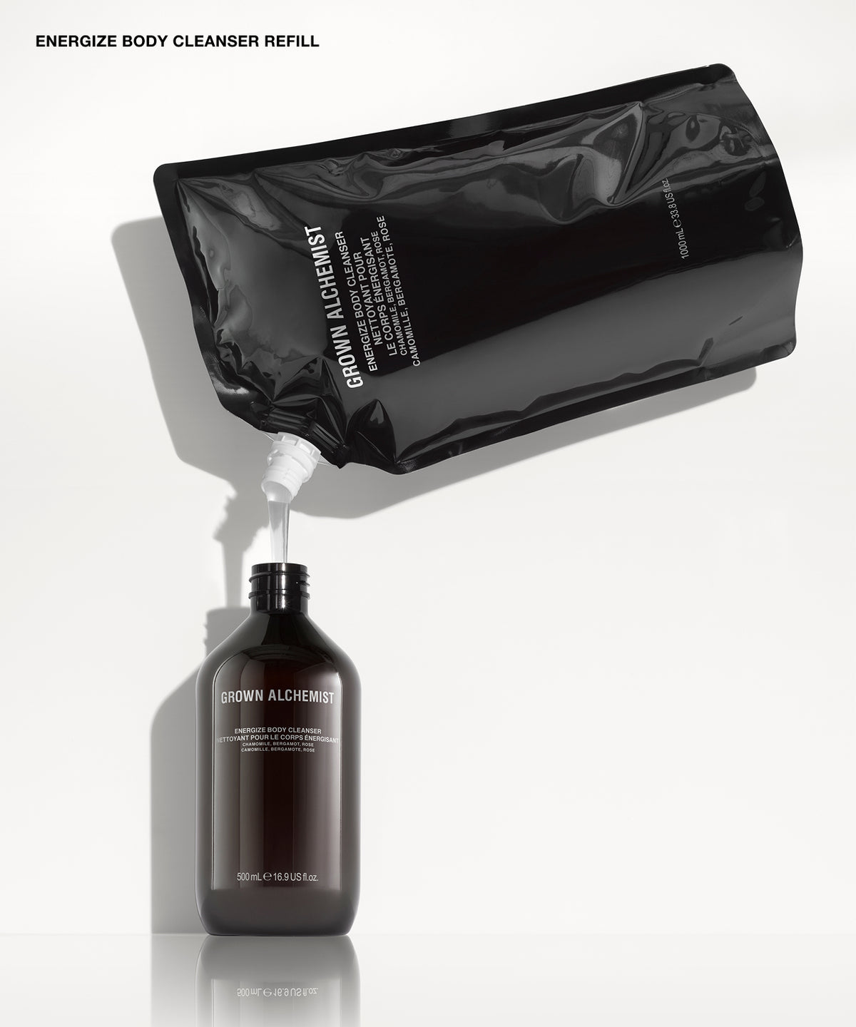 A black refill pouch labeled 'GROWN ALCHEMIST' pouring a liquid into a dark amber bottle also labeled 'GROWN ALCHEMIST' on a clean white background.