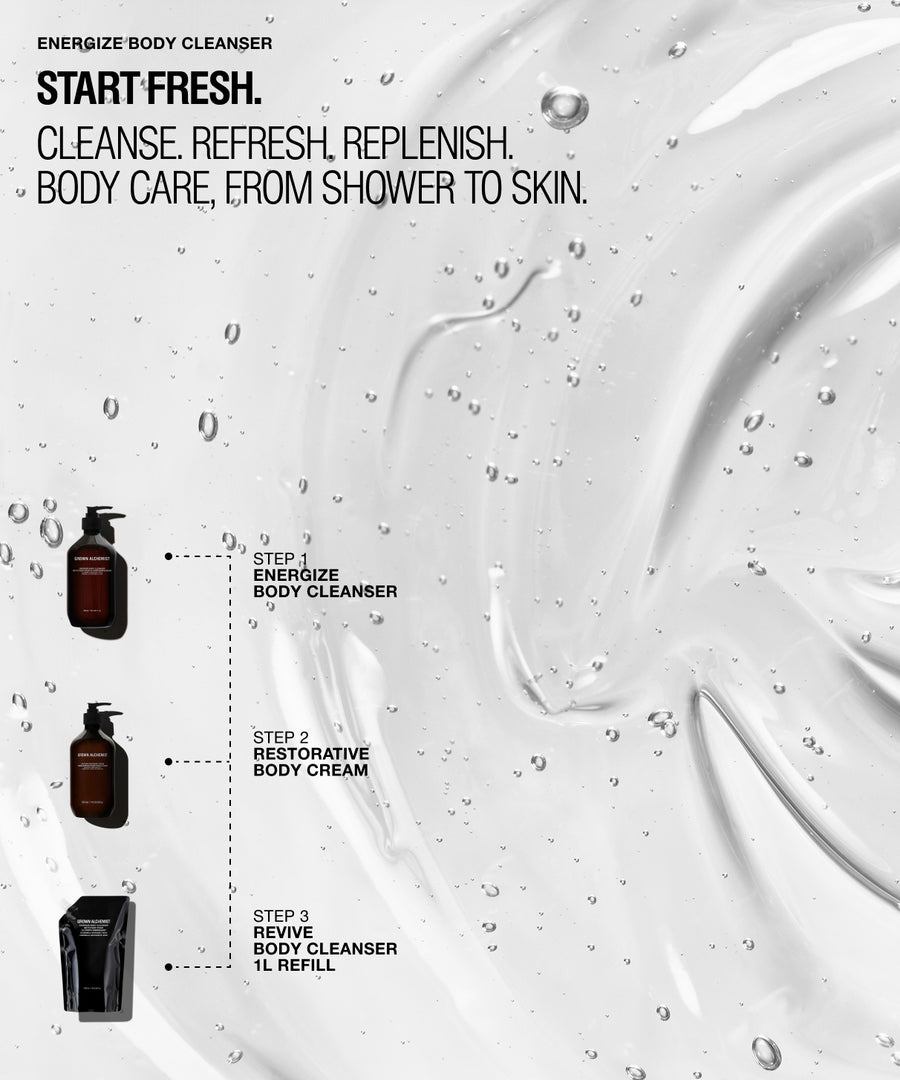Promotional graphic for Energize Body Cleanser showing large glossy swirls of translucent cleanser with water droplets, black text reading 'START FRESH.' and product callouts for body cleanser, restorative body cream, and a refill bottle.