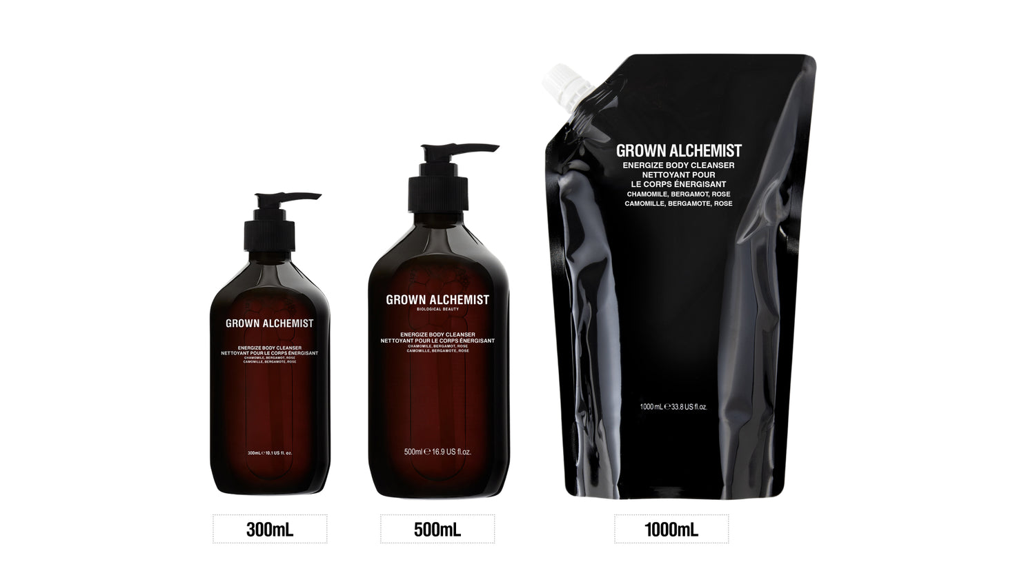 Grown Alchemist product packaging including bottles and a pouch on a white background