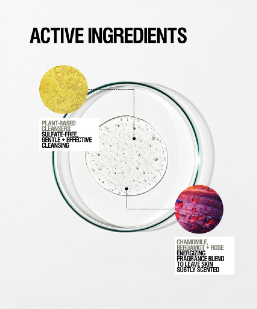 An infographic titled 'ACTIVE INGREDIENTS' on a light gray background, showing a clear circular dish with a white foaming cleanser in the center and two colored ingredient callouts with text labels: a yellow circle labeled plant-based cleansing and a pink-purple circle labeled chamomile, bergamot, and rose energizing fragrance blend.