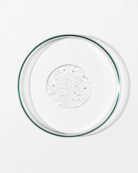 Clear glass pie dish with speckled liquid on a white background