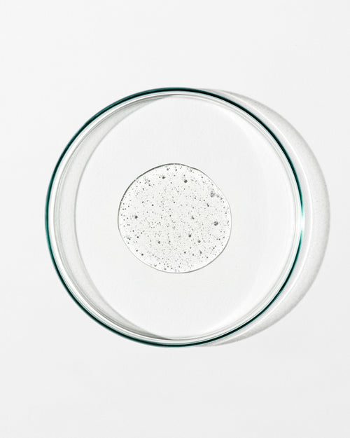 Clear glass pie dish with speckled liquid on a white background