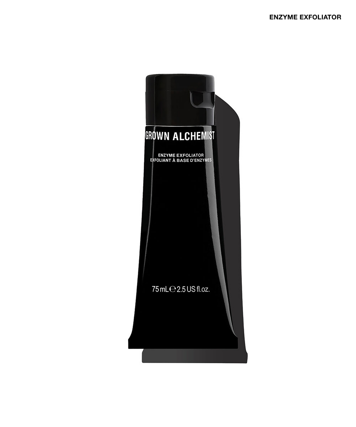 A sleek black bottle of Grown Alchemist Enzyme Exfoliator, 75mL, shown on a solid white background with a subtle shadow.