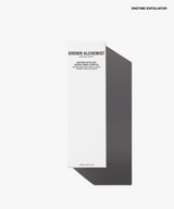A tall, narrow white product box for Grown Alchemist Enzyme Exfoliator, shown on a clean white background with a soft gray shadow. The box features black text detailing the exfoliating facial peel.