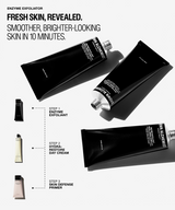 Three black cosmetic tubes labeled 'DRY ACCLERATOR' arranged on a white background with marketing text and small product thumbnails for enzyme exfoliator, hydra-restore day cream, and skin defense primer.