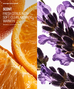 A split visual graphic for a fragrance note, with orange citrus slices on the left and purple lavender flowers on the right. Text reads 'ENZYME EXFOLIATOR' and 'SCENT FRESH CITRUS WITH SOFT, CLEAN AROMATIC WARMTH.