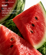 Close-up of fresh watermelon slices with scent text reading 'HYDRA-RESTORE LIP BALM' and 'SCENT FRESH, JUICY SWEETNESS WITH SOFT CREAMY WARMTH. Watermelon + Vanilla.