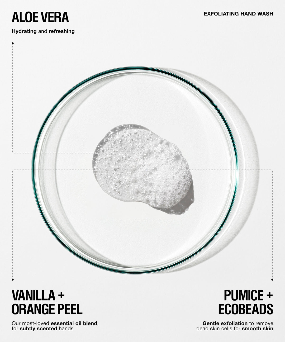 A clear round petri dish containing a white exfoliating hand wash with visible foam, shown on a light gray background with text labels reading 'ALOE VERA', 'EXFOLATING HAND WASH', 'VANILLA + ORANGE PEEL', and 'PUMICE + ECOBEADS'.