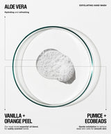 A clear round petri dish containing a white exfoliating hand wash with visible foam, shown on a light gray background with text labels reading 'ALOE VERA', 'EXFOLATING HAND WASH', 'VANILLA + ORANGE PEEL', and 'PUMICE + ECOBEADS'.