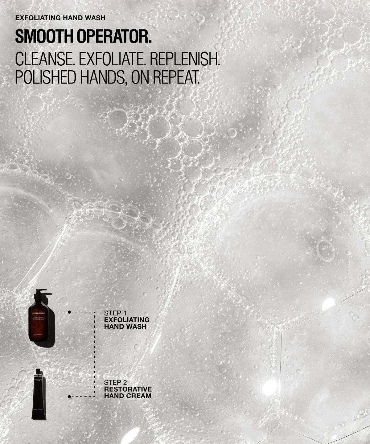 A monochrome promotional graphic for a hand wash and hand cream set. The background is filled with dense, reflective soap bubbles.
