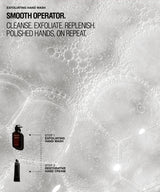 A monochrome promotional graphic for a hand wash and hand cream set. The background is filled with dense, reflective soap bubbles.