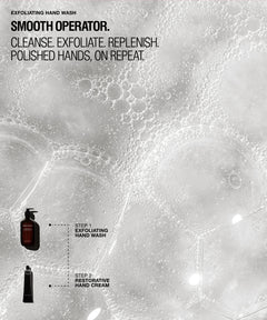 A monochrome promotional graphic for a hand wash and hand cream set. The background is filled with dense, reflective soap bubbles.