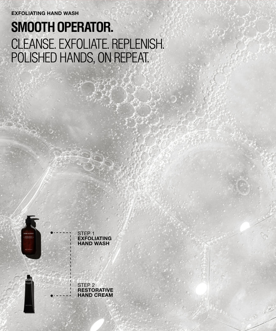 A monochrome promotional graphic for a hand wash and hand cream set. The background is filled with dense, reflective soap bubbles.