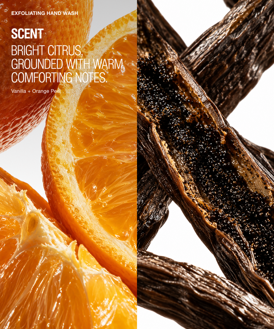 Split promotional graphic for a hand wash: the left half shows bright orange citrus slices with text reading 'SCENT BRIGHT CITRUS, GROUNDED WITH WARM, COMFORTING NOTES. Vanilla + Orange Peels,' and the right half shows close-up vanilla pods against a white background.