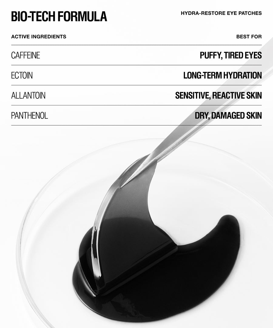 A black eye patch is shown resting on a clear round dish, with a metal spatula lifting it slightly. Above the product, a white panel lists ingredients and benefits including caffeine, ectoin, allantoin, and panthenol under the heading BIO-TECH FORMULA.