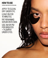 Close-up of a woman with a black eye patch applied under her eye, shown against a white background with text instructions on how to use Hydra-Restore Eye Patches.