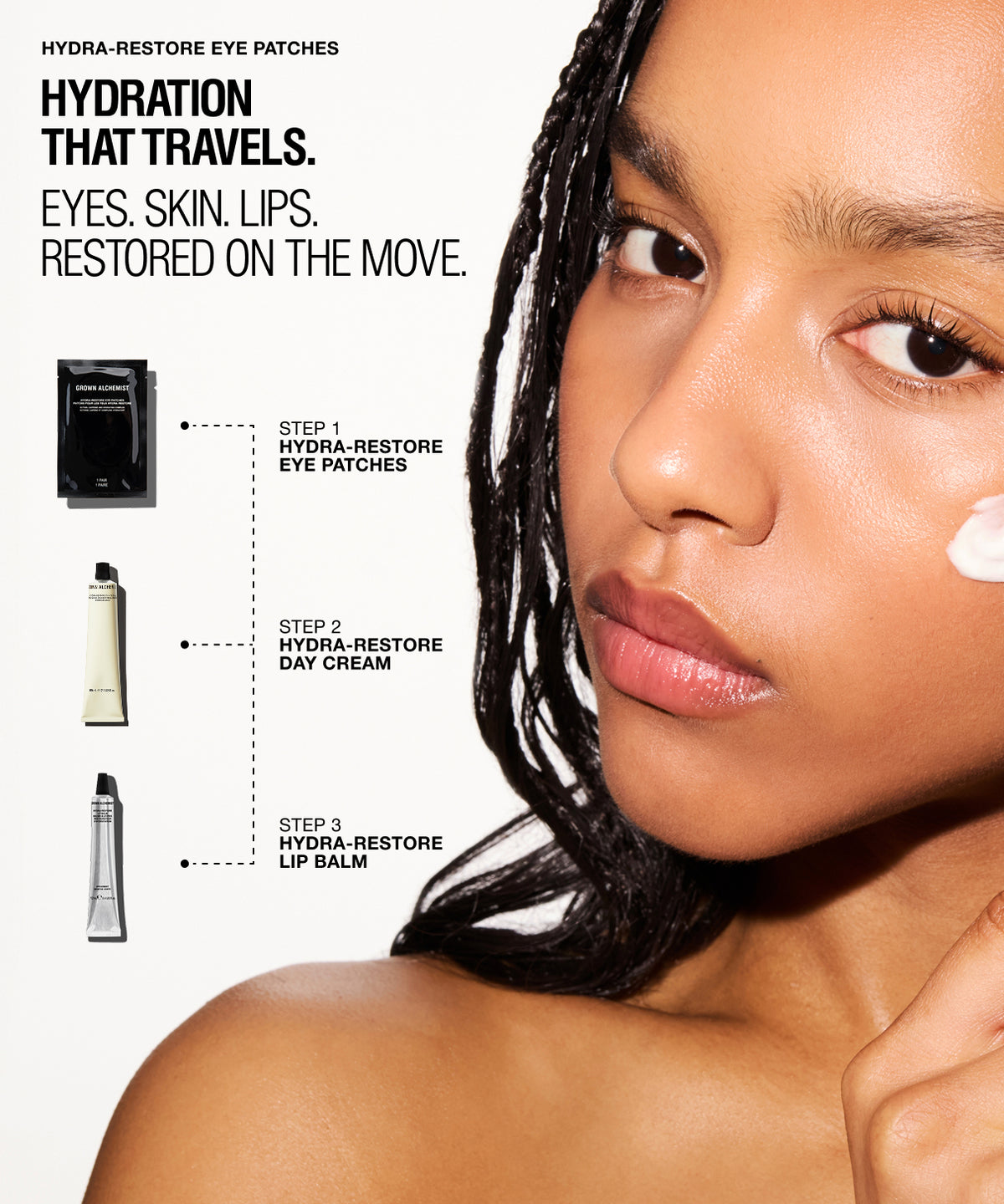 Close-up beauty ad showing a woman with hydrated eyes, skin, lips, and braided hair, alongside product callouts for Hydra-Restore eye patches, day cream, and lip balm on a white background with promotional text.