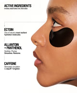Close-up of a person wearing Hydra-Restore eye patches, featuring active ingredients text of Ectoin, Allantoin + Panthenol and Caffeine.