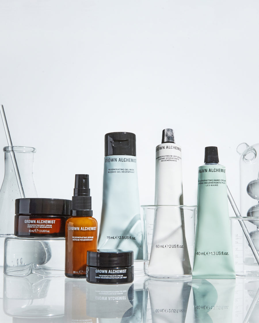 Assortment of skincare products from Grown Alchemist Regenerating range.