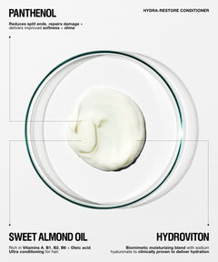 A white cream dollop in a clear glass bowl on a light gray background, with text reading PANTHENOL, HYDRA-RESTORE CONDITIONER, SWEET ALMOND OIL, and HYDROVITON.