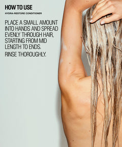 Instructional graphic showing how to use Hydra-Restore Conditioner, with text on the left and a model applying the product to wet hair on the right.