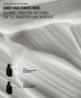 Promotional graphic for Hydra-Restore Conditioner showing a close-up of white whipped conditioner cream with text reading 'GOOD HAIR STARTS HERE.' and small dark bottles labeled Step 1 Hydra-Restore Shampoo and Step 2 Hydra-Restore Conditioner.