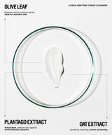 Clean skincare infographic on a light gray background showing a clear circular petri dish with a white cream smear in the center. Text reads 'OLIVE LEAF' and 'HYDRA-RESTORE CREAM CLEANSER' at the top, with 'PLANTAGO EXTRACT' and 'OAT EXTRACT' at the bottom and callout lines pointing to the dish.