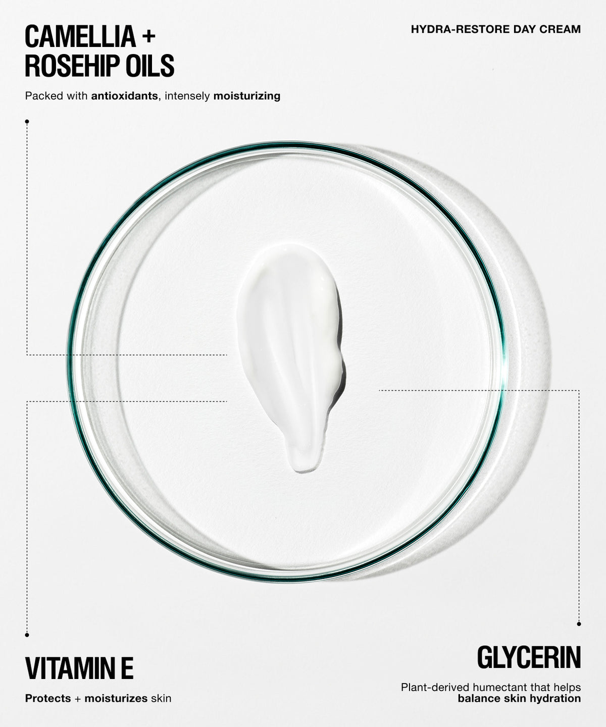 A circular product graphic for Hydra-Restore Day Cream showing a white cream smear inside a clear petri dish with a dark rim, surrounded by text highlighting camellia and rosehip oils, vitamin E, and glycerin.