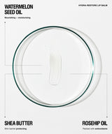 Hydra-Restore Lip Balm texture sample displayed on a clear dish.