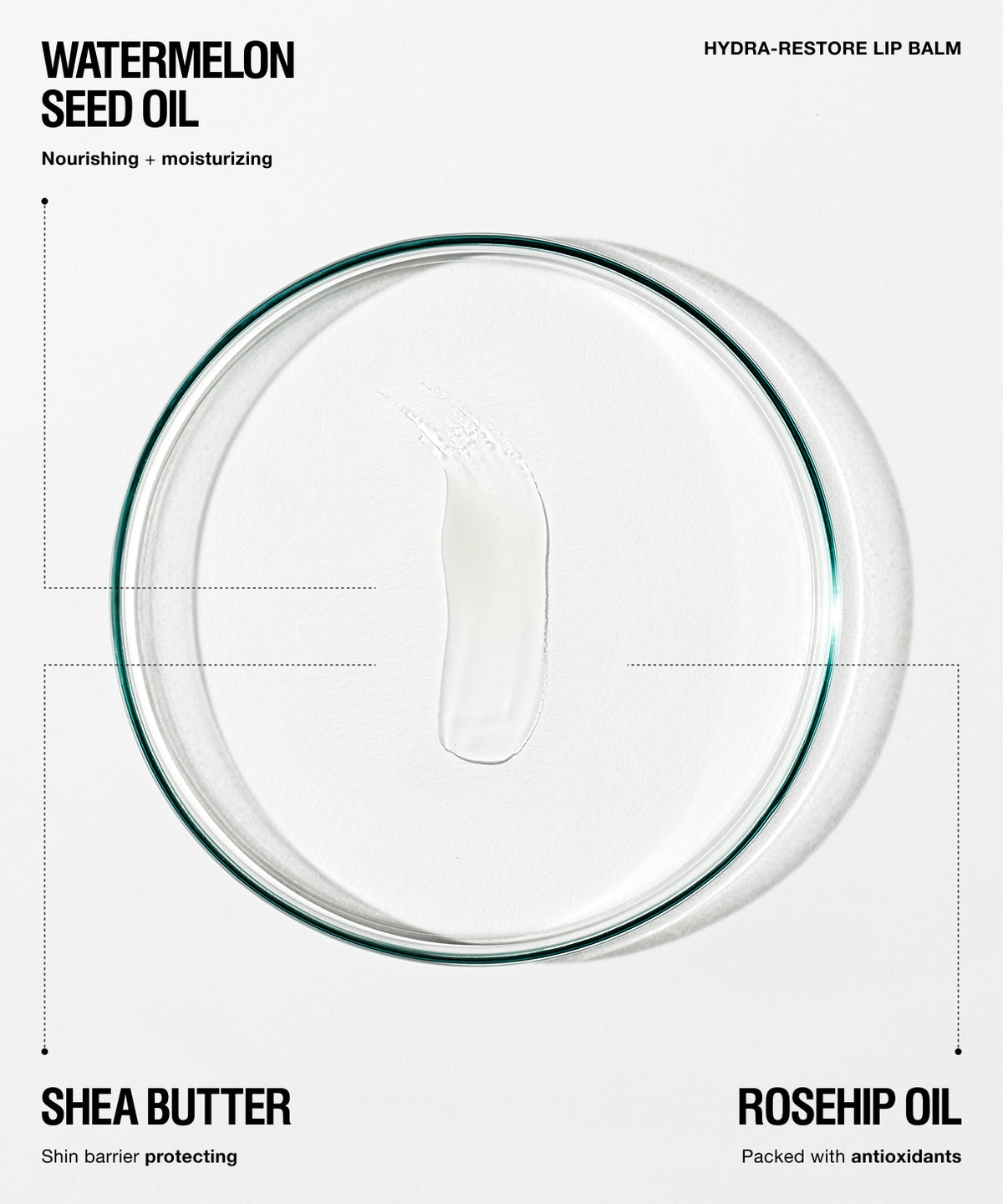 Hydra-Restore Lip Balm texture sample displayed on a clear dish.
