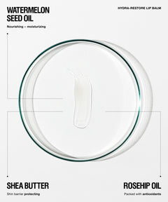 Hydra-Restore Lip Balm texture sample displayed on a clear dish.