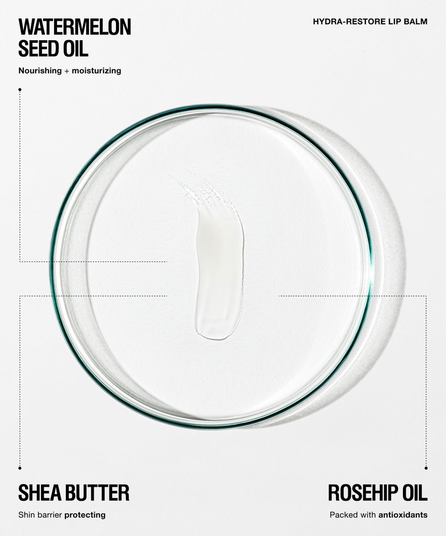 Hydra-Restore Lip Balm texture sample displayed on a clear dish.