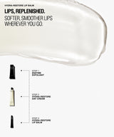 Promotional graphic for Hydra-Restore Lip Balm showing a large translucent lip balm smear across the top, product text at the upper left, and three illustrated steps on the left for enzyme exfoliant, day cream, and lip balm.